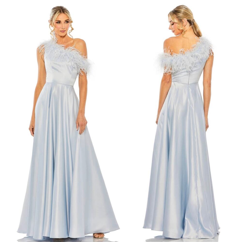 NWT Mac Duggal 11684 Asymmetrical Feather Trim A-Line Gown in Powder Blue Size 6